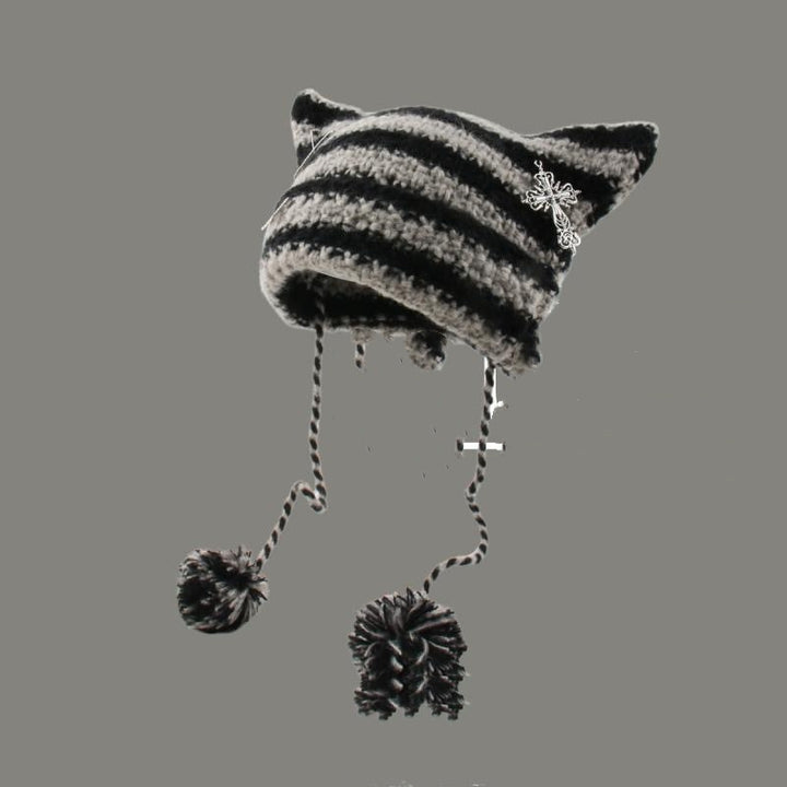 Striped cat ear beanie with pompom ties