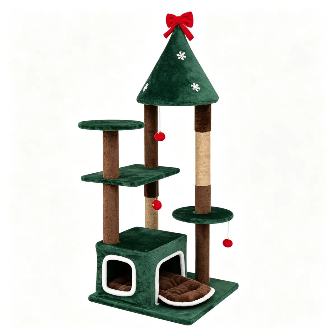 Green Christmas cat tree with bell balls