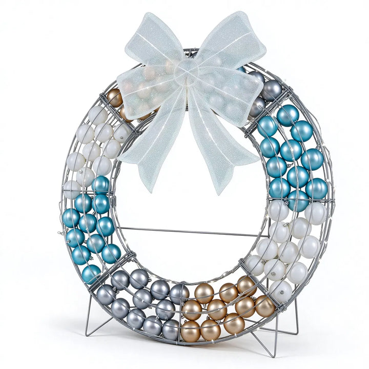 Freestanding lit wreath with baubles