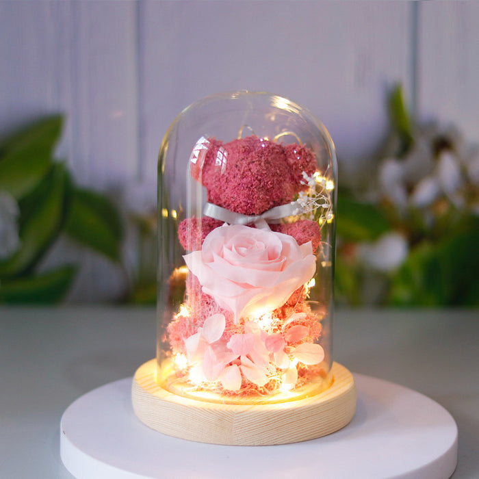 Warmfell Light-up teddy bear and eternal rose in a glass dome