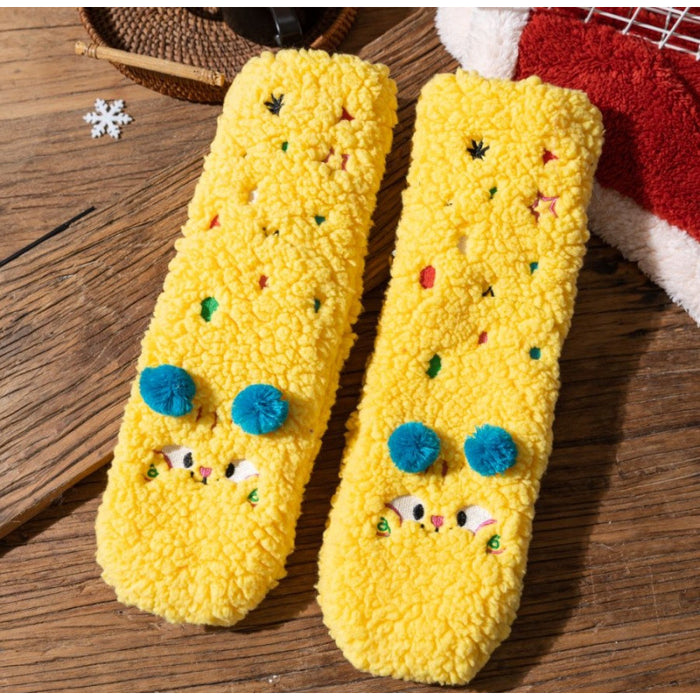 Warmfell Fluffy Socks with Embroidered Faces and Pompoms