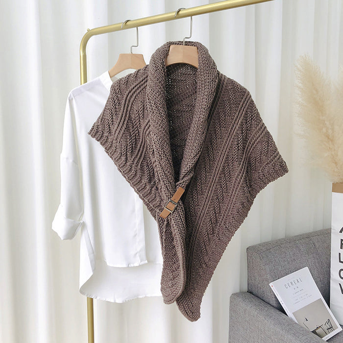 Warmfell Chunky Knit Triangle Scarf with Buckle, Wear as a Cape
