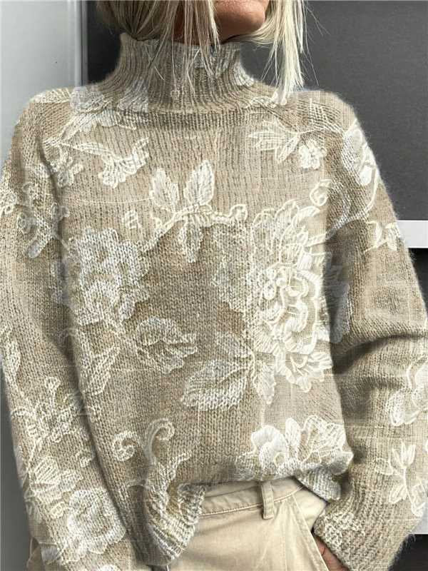 Warmfell Loose Printed Turtleneck Jumper for Women