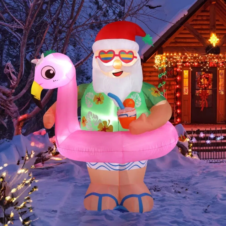 Inflatable Hawaiian Santa on flamingo float