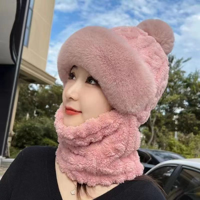 Warmfell Plush Hood Hat with Neck Warmer and Pompom