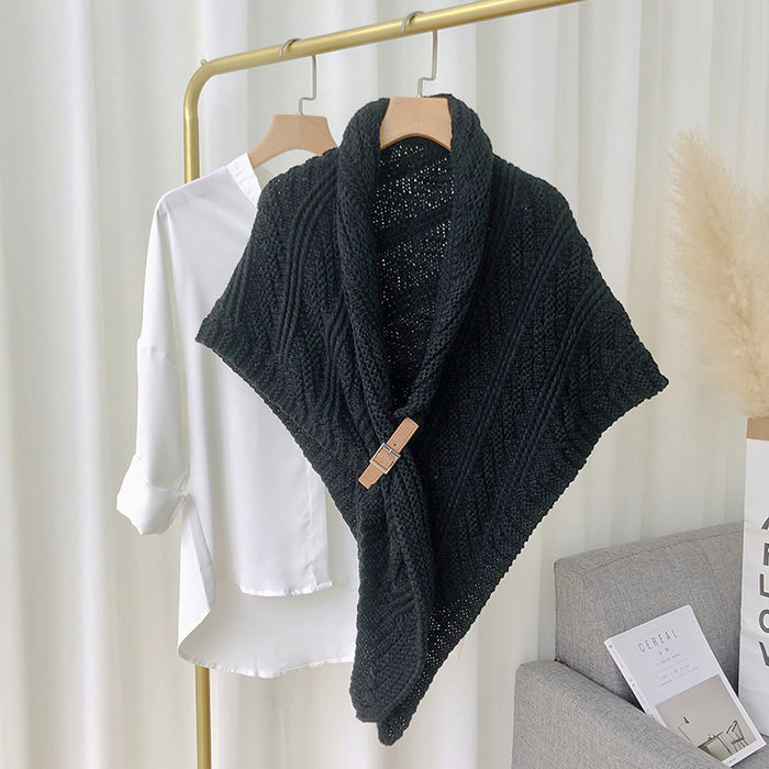 Warmfell Chunky Knit Triangle Scarf with Buckle, Wear as a Cape
