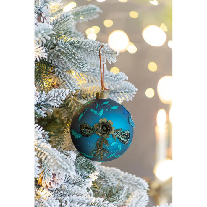 Warmfell Teal Glass Christmas Baubles with Glitter, Set of 4