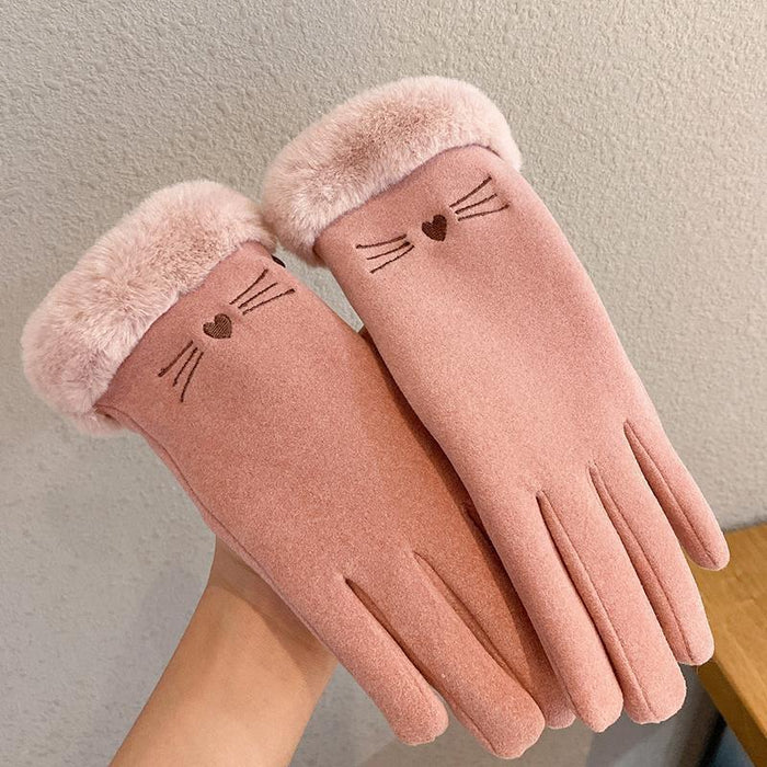 Warmfell Faux Fur Cuff Winter Gloves with Cat Face Embroidery
