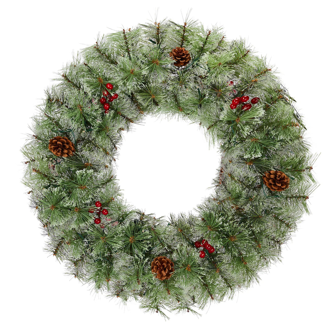 Pre-lit Christmas wreath on front door
