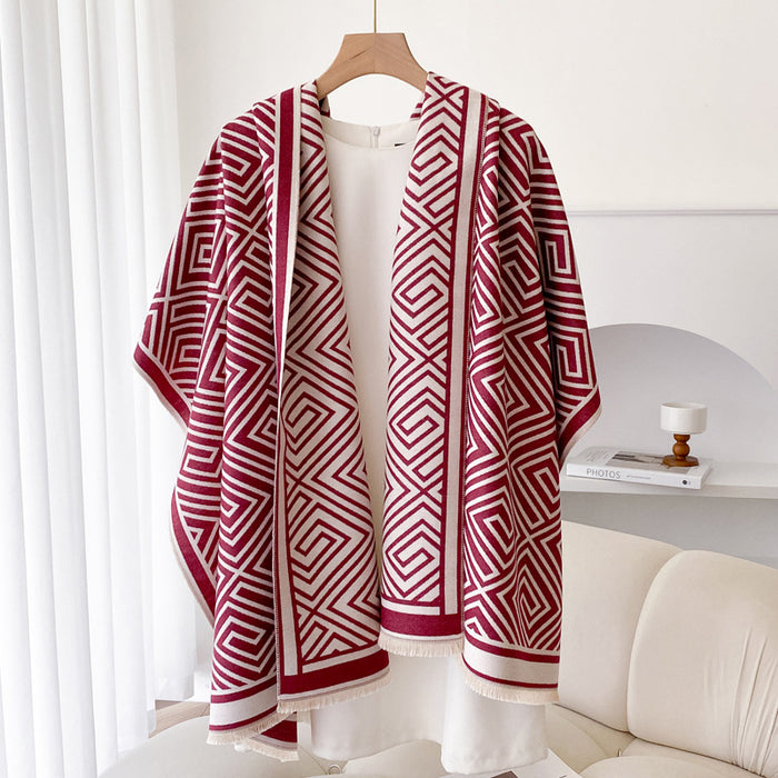 Warmfell Fringed Cashmere-Feel Shawl Cape with Geometric Pattern