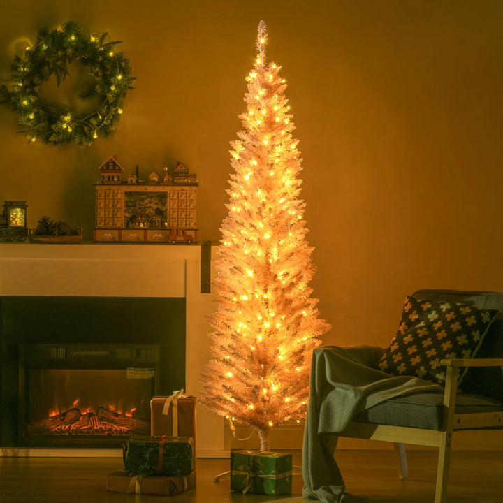 Pink pencil tree with bright warm lights