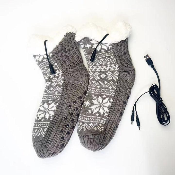 Red Nordic knit USB heated house socks