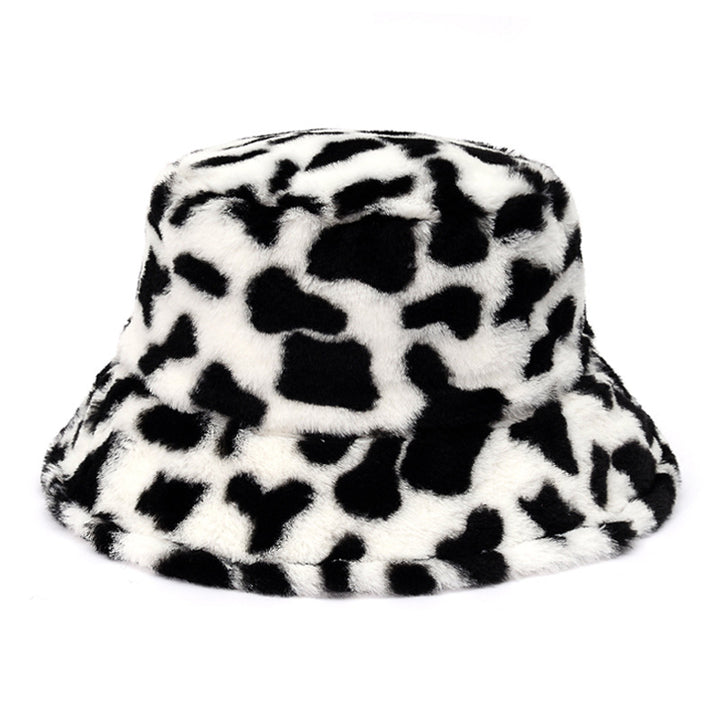 Fluffy cow print faux fur bucket hat