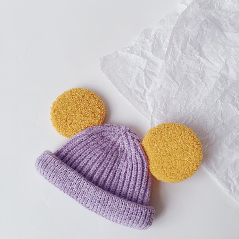 Kids pink ribbed beanie with teddy ears