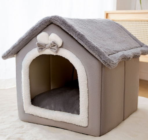 Plush enclosed cat house with cushion