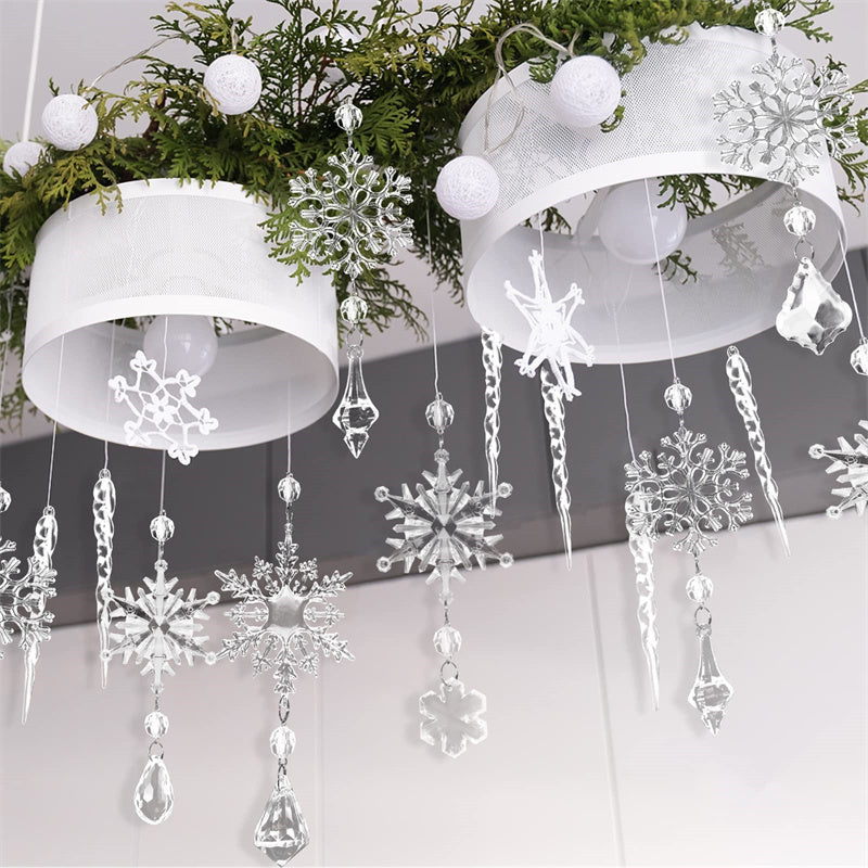 Clear acrylic icicle ornaments hanging on Christmas tree