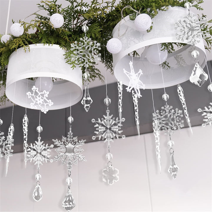 Clear acrylic icicle ornaments hanging on Christmas tree