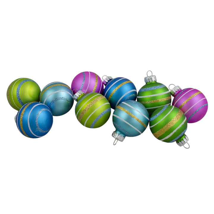 Ten matte glass baubles with glitter swirls