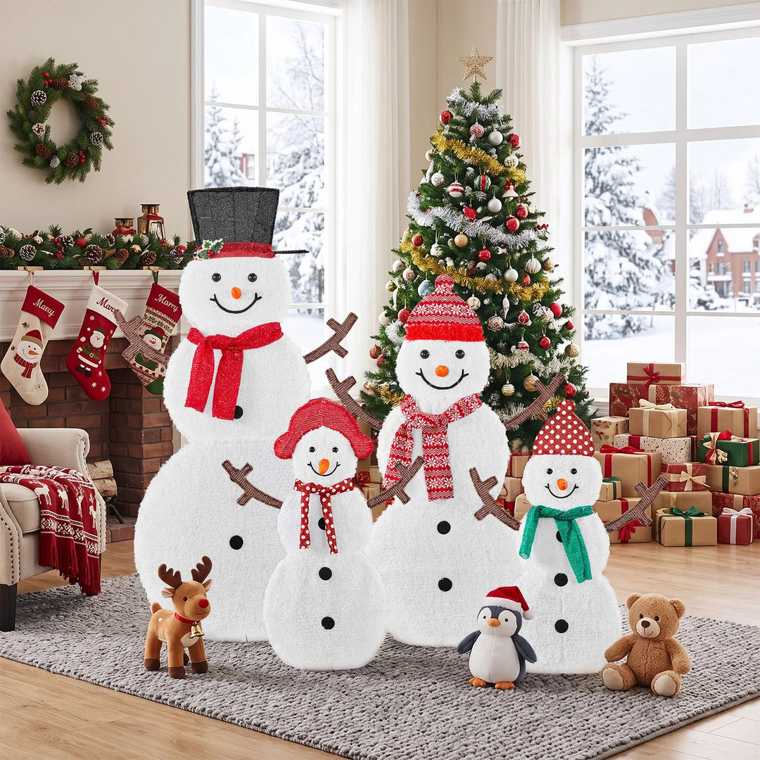 Family of four lit snowman figures