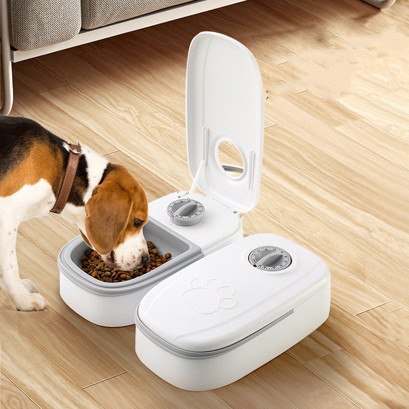 Grey timed pet feeder with dial lid