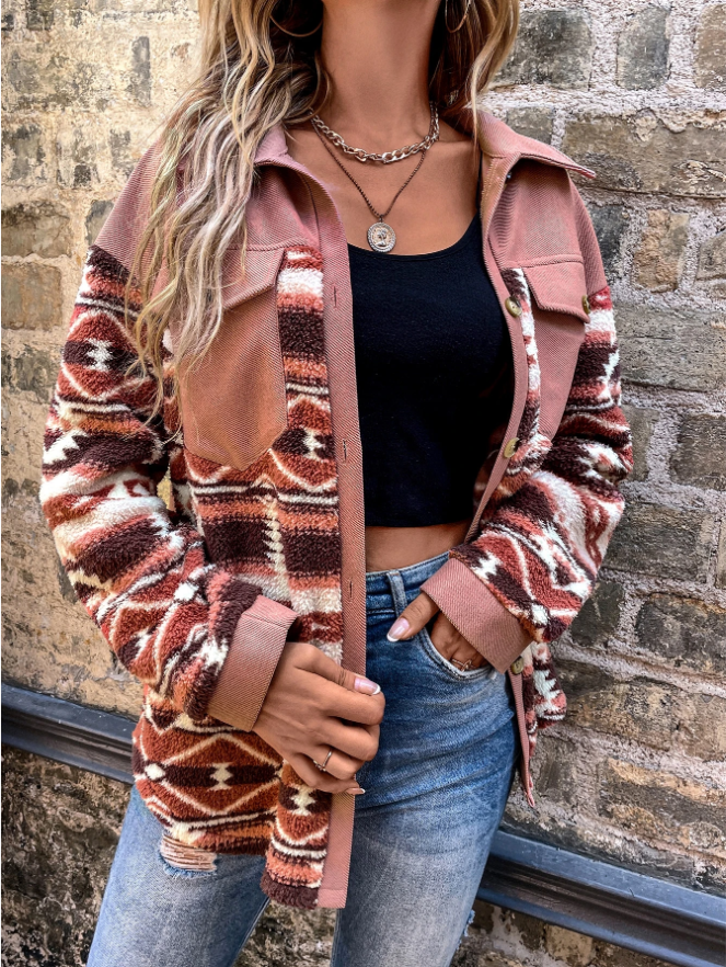 Warmfell Shacket Coat with Geometric Print Sleeves and Flap Pockets