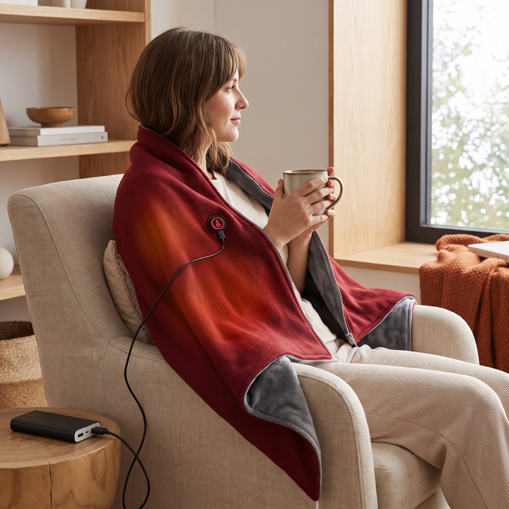 Warmfell™ Heated Cotton Shawl Blanket with Eight Heating Zones and USB